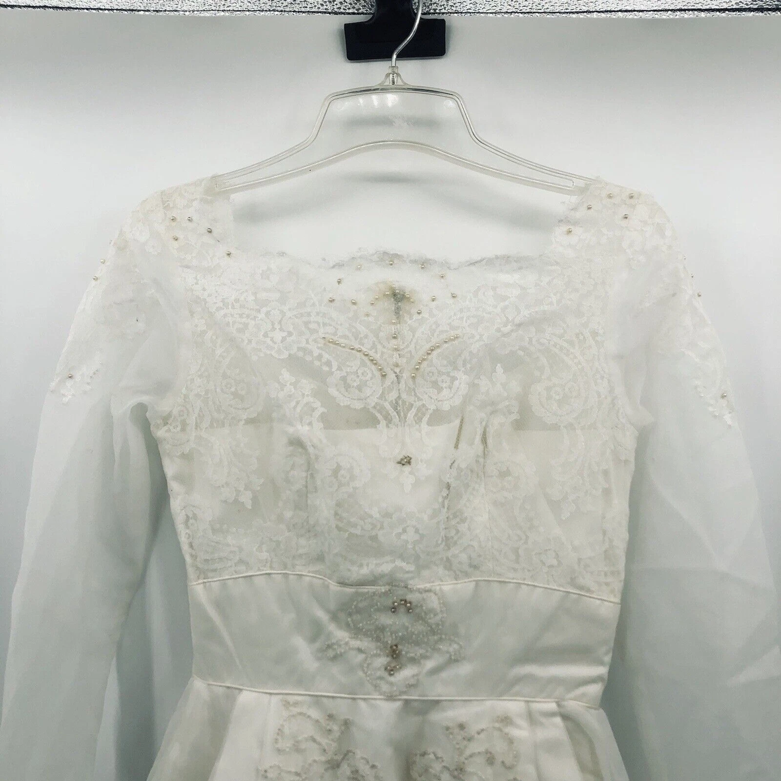 OFF WHITE Abito da sposa anni 60 linea A pizzo tulle bianco sporco trasparente manica lunga senza cartellino