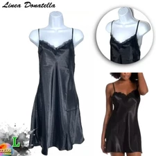 NWT Linea Donatella L Dreamer Lace-Trim Satin Chemise Nightgown BDE011 Black $38