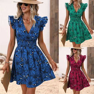 Sexy Floral Print Flounce V Neck Sleeveless Ruffle Trim Cinch Waist Vacation Mini Sundress(M)