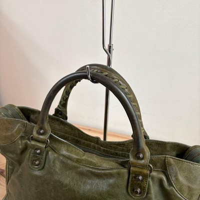 Auth BALENCIAGA The City Bag Olive Khaki Leather 2way Shoulder