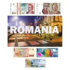 Set of Five Romanian Currency Banknotes - Collectible Bills 1991 1993 1998 2000