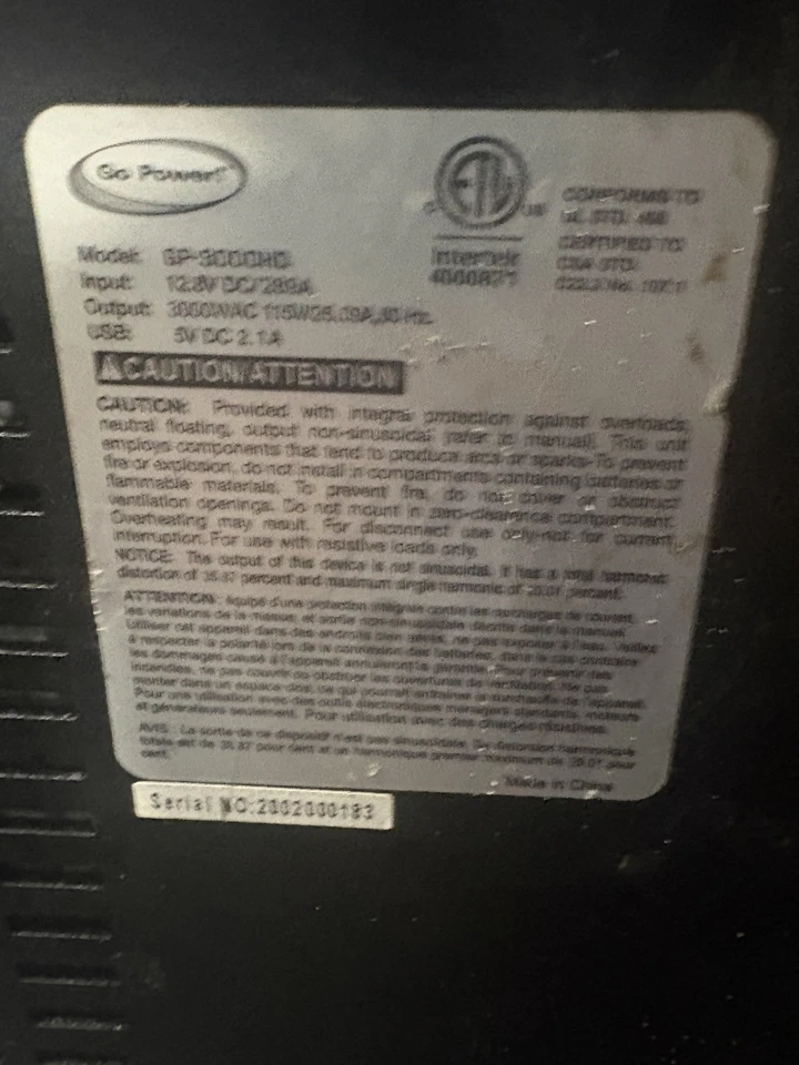 Go Power! GP-3000HD Heavy-Duty 3000W Power Inverter 12V DC to 120V AC – Used - Image 2 of 2