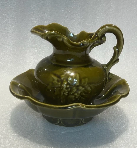 Vintage McCoy Pottery Green Drip Glaze Pitcher & Basin Bowl Set