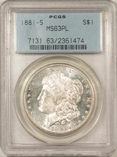 1881-S $1 MORGAN DOLLAR - PCGS MS-63 PL, OLD GREEN HOLDER, PROOFLIKE!