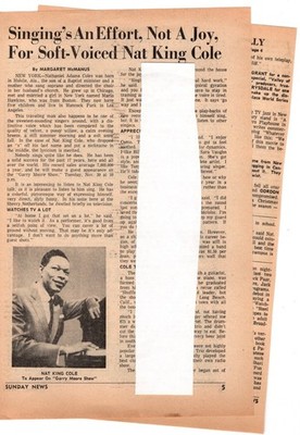 1962 NAT KING COLE ARTICLE CLIPPING SINGING AN EFFORT NOT A JOY