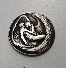 HOBO Angel With Fallen Soldier Cent Made A From REAL WWII Silver Nickel SIGNED