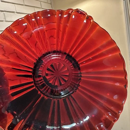 Vintage Anchor Hocking Royal Ruby Red Ribbed Hand Tabs Bowl Candy Dish 8.5”