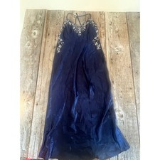 Fredericks of Hollywood Navy Blue Satin Lace Maxi Nightgown Chemise Small