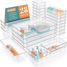 28 PCS Clear Plastic Drawer Organizers Set, 4 Size Desk Drawer Organizer Trays f