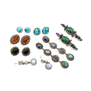 Southwest Sterling Turquoise Malachite Black Onyx Lapis Earring Lot of 7#S6143 1