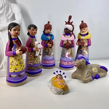 MEXICAN TONALA Style NATIVITY Set 7pc Folk Art POTTERY Handmade CERAMIC  8" Tall
