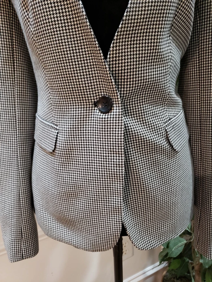 Blazer Premise para mujer blanco y negro pata de gallo manga larga botón delantero talla 6 Foto 3 de 4