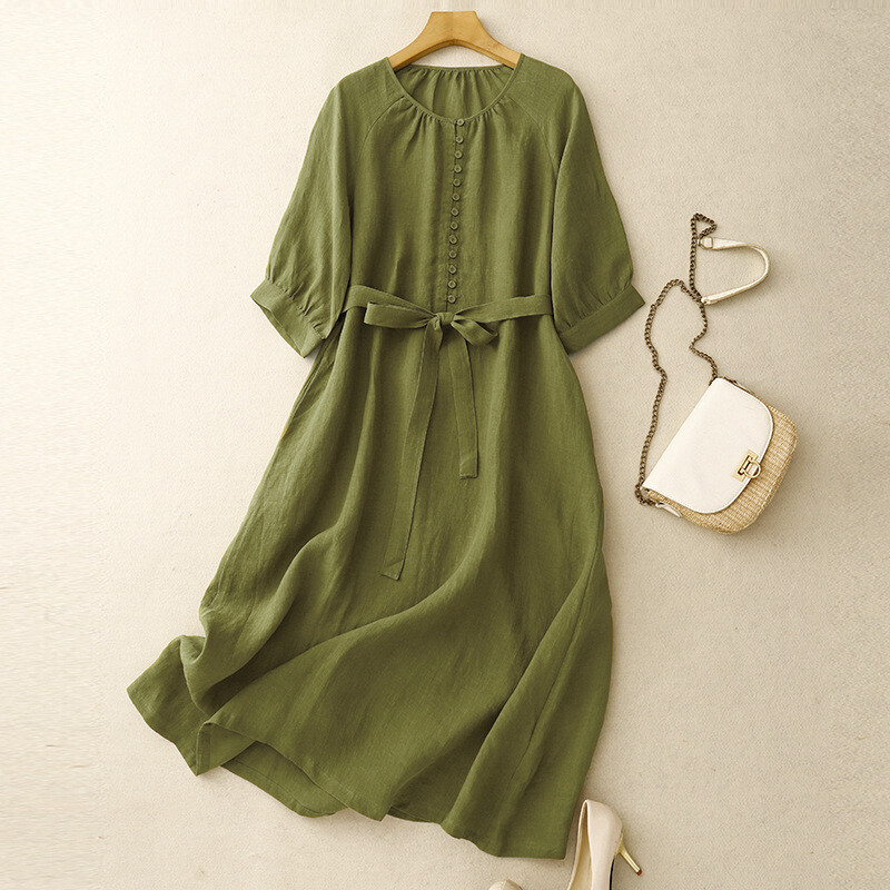 Green Dress Women's Large Size Lace-up Slim Mid Long Cotton Linen Round Neck Sz | eBay Green Dress Women's Large Size Lace-up Slim Mid Long Cotton Linen Round Neck Sz | eBay