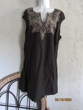 Marks & Spencer 18 black linen viscose blend shift dress v-neck white embroidery