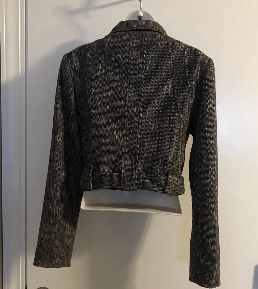 Bebe S 8 Crop Wool Moto Blazer Jacket Herringbone Belted Black/White Buckle READ - Image 4 of 4