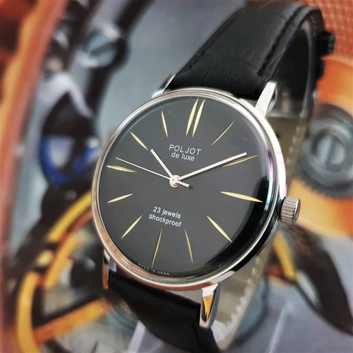 Watch Poljot De Luxe ULTRA SLIM 1MChZ Black Dial Vintage Dress WristWatch USSR