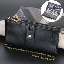 Men's Leather Biker Long Chain Wallet with RFID Blocking Bifold Card Holder Gift
