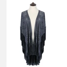 Women Capes Ponchos Cardigan Cloak Suede Floral Hollow Out Fringe Tassel Shawl