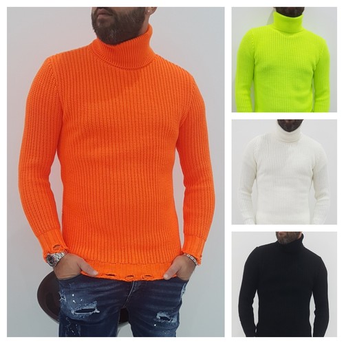 Maglia Maglione Dolcevita Collo Alto Bianco,Nero,Arancio Fluo Lungo Strappi  | eBay