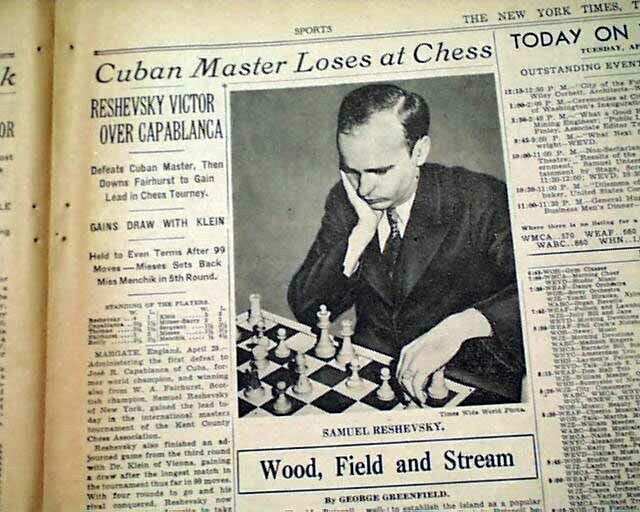 SAMUEL RESHEVSKY Defeats Jose Capablanca Cuban CHESS Grandmaster 1933  Newspaper