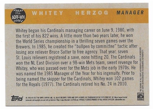 2022 Topps Archives Fan Favorites Auto Whitey Herzog (#60FF-WH) Cardinals - Picture 2 of 2
