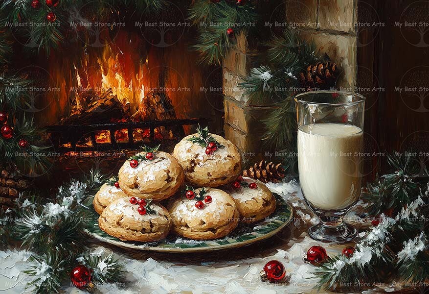 MILK AND COOKIES FANTASY ART PRINT, Christmas Kitchen Decor