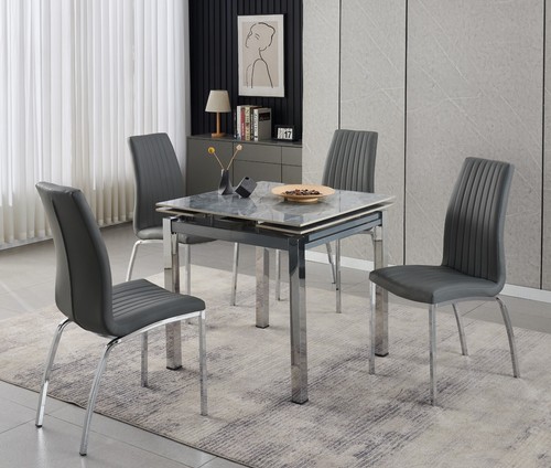 Dining Table Set Extending Grey Sintered Stone Top with 4 Faux Leather Chairs - Picture 2 of 53