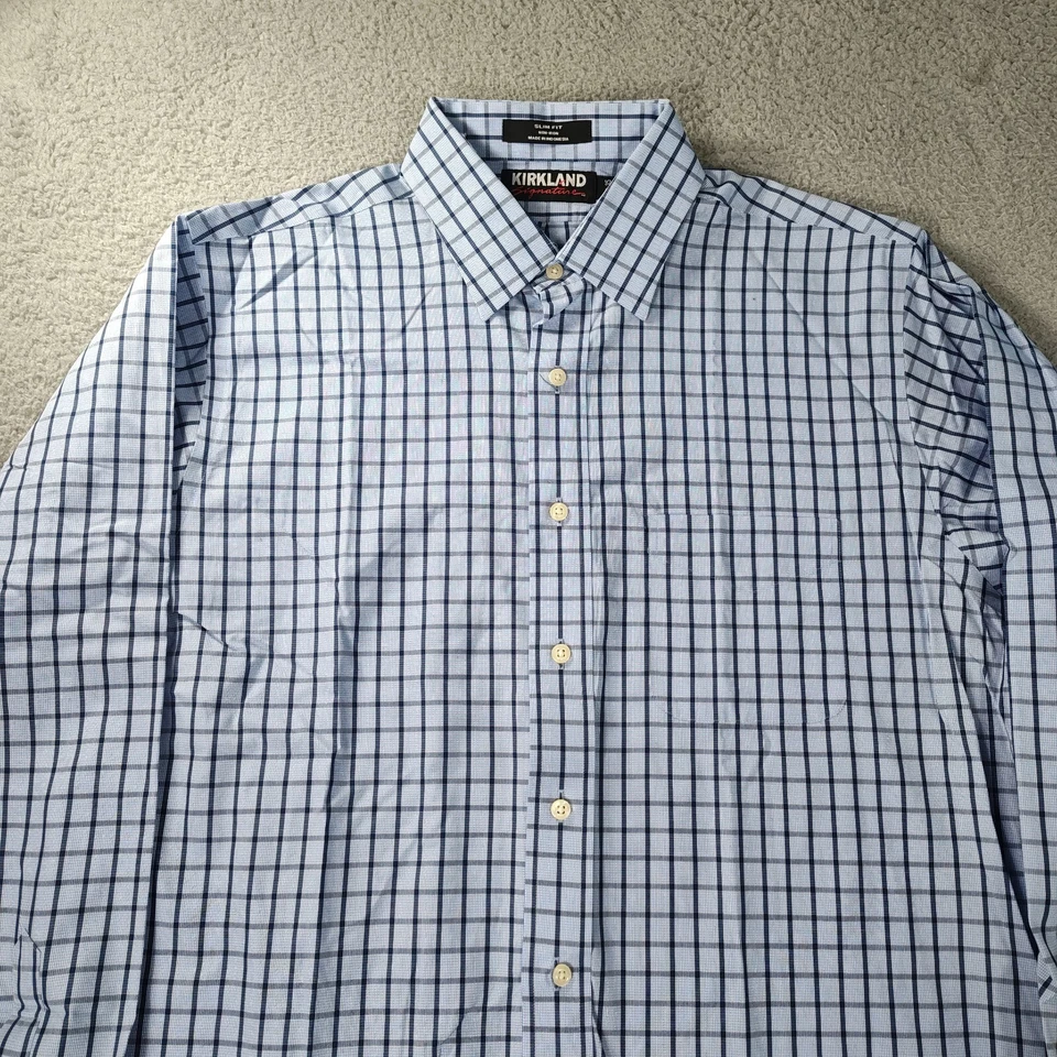 Camisa Kirkland Signature para Hombres 16.5-35 Azul Blanco Calce Ajustado Sin Planchar Ventana Foto 3 de 4