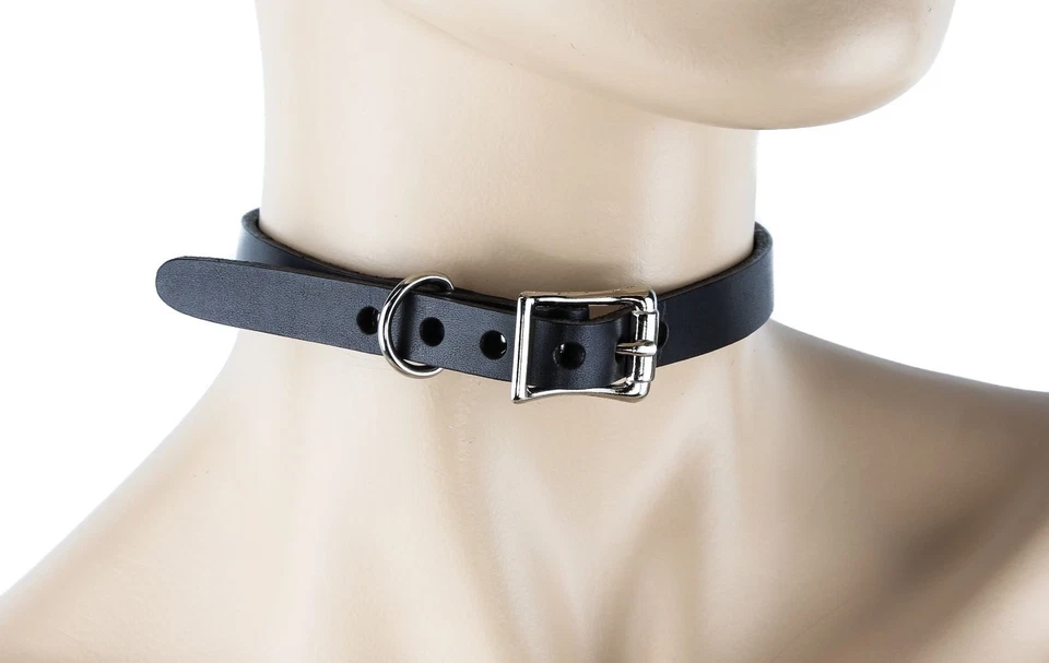 Gargantilla collar hebilla enrollable de cuero negro genuino liso de 1/2" de ancho Foto 3 de 3