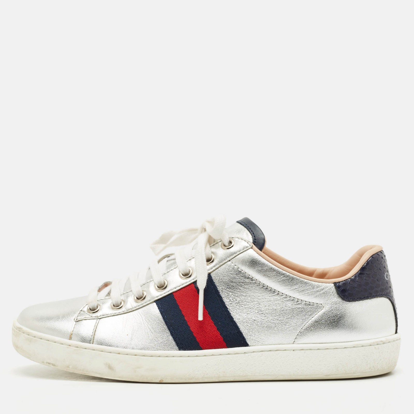 Gucci Silver Leather Ace Sneakers with Web Detail Size 37