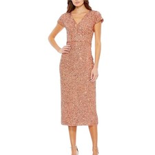 Mac Duggal 10766 Copper Sequin V-Neck Cap Sleeve Midi Dress Size 8 $298