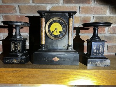 Antique Victorian Black Slate Mantel Clock w/ Matching Tazzas Curr St. Leonard s