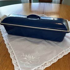 vintage Le Creuset blue enameled cast iron pâté terrine featuring a matching lid