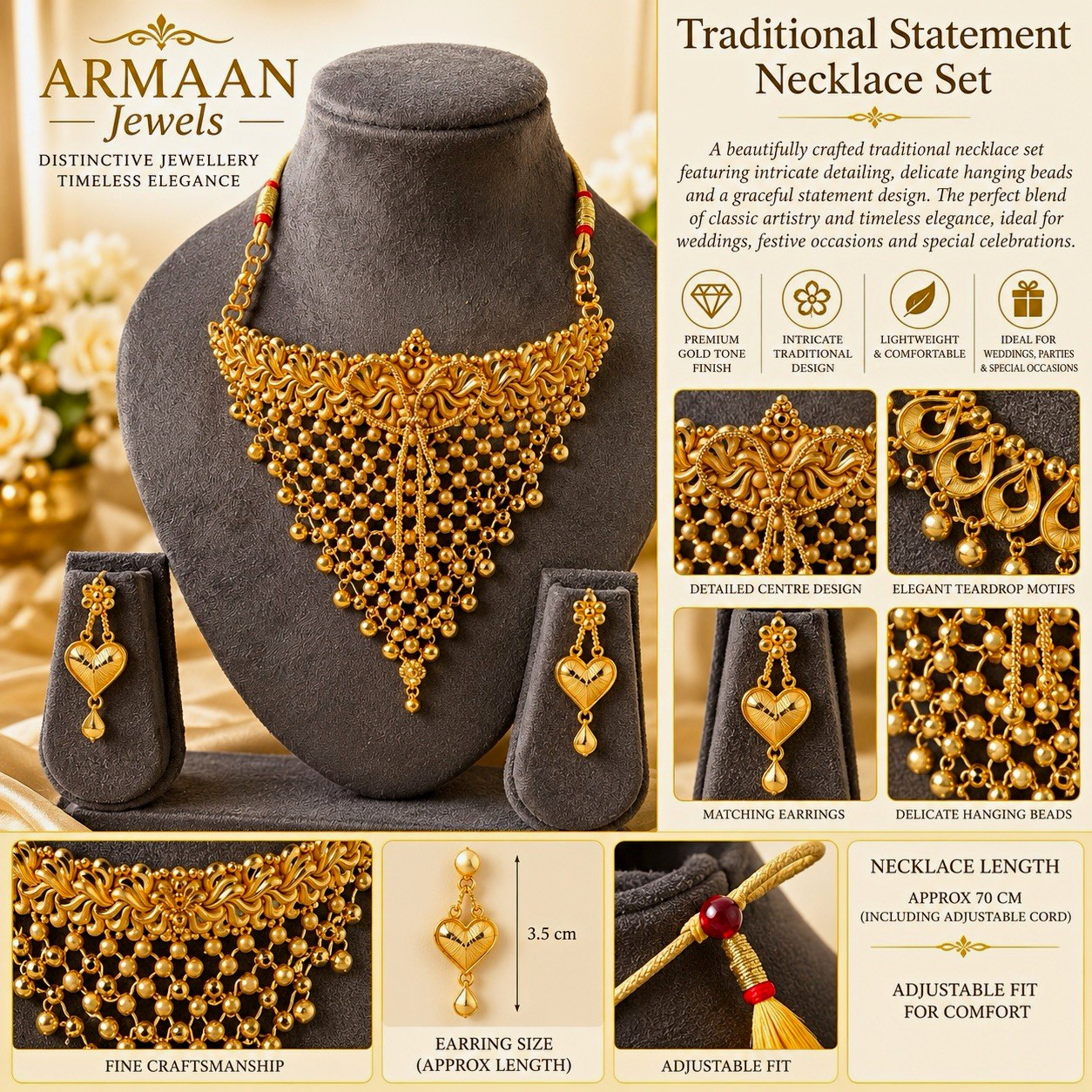 Ornate Gold Tone Statement Necklace & Earrings Set Traditional Wedding Jewellery