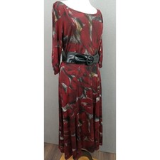 Perceptions Floral Maxi Dress Boat Neck 3/4 Sleeve Belted Red Y2K Cottage Sz 14