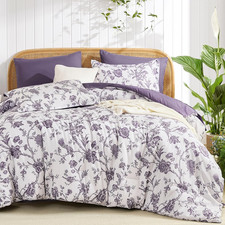 Purple Floral Comforter Set, King Size 7 Pieces Bed in a Bag Soft Microfiber B