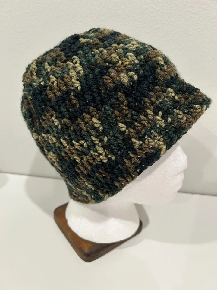 新生儿婴儿手工钩针无檐帽迷彩深绿色,黑色 #4 — 第 3/4 张图片