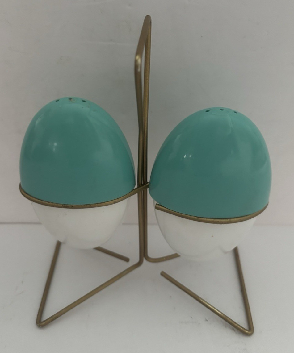 Vintage Atomic Egg Salt & Pepper Shakers w/Metal Stand - Retro 1950
