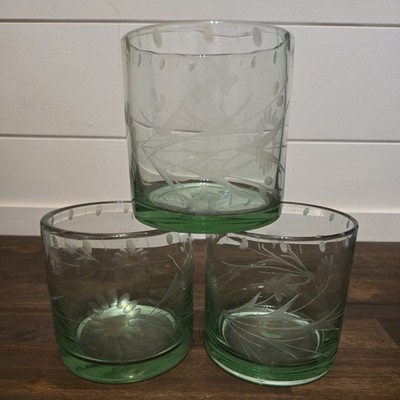 Bobby Flay Etched Green Double Old Fashioned Whiskey Rocks Glass Hand-blown Set3