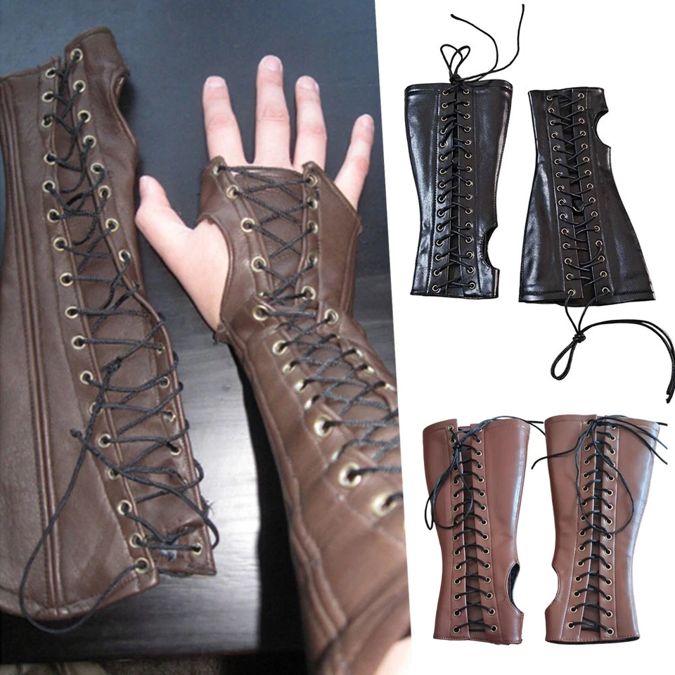 PU Leather Fingerless Gloves Punk Gothic Eyelet Lace Up Wristband Arm Sleeve ⭐ - Image 2 of 4