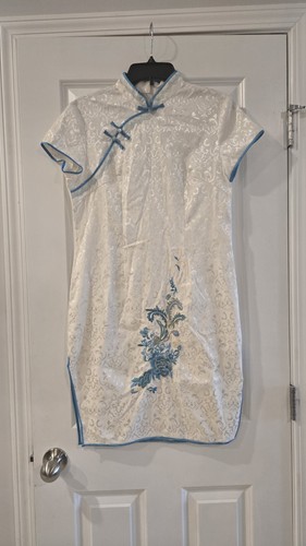 Blue And White Qipao Traditional Chinese Dress Floral Embroidered Size XL