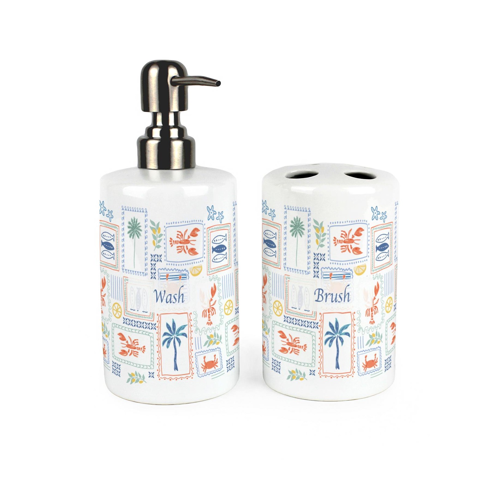 Mediterranean Summer Ceramic Soap Dispenser & Toothbrush Holder Bathroom Gift