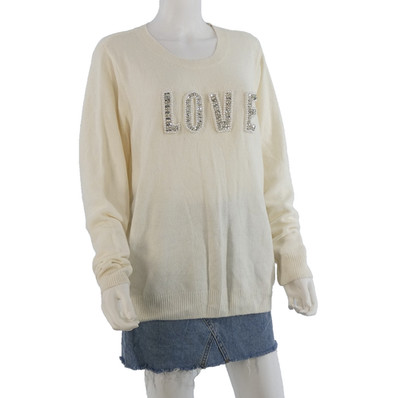 H&M Pullover Übergröße LOVE Perlen verziert elfenbein Feinstrick kuschelig 2XL