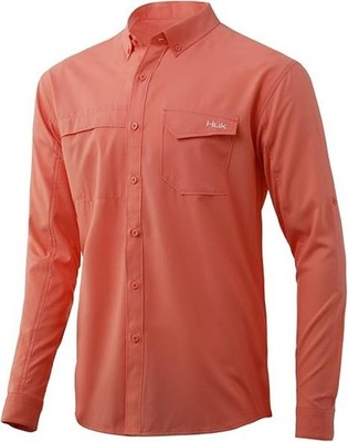 HUK Tide Point Long Sleeve Button Up Shirt Fusion Coral Size Large