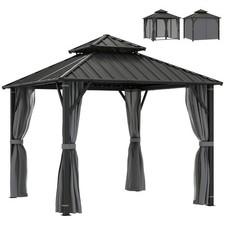 Outsunny 3 x 3(m) Hardtop Gazebo with Metal Roof, Netting and Curtains, Grey