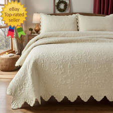 Beige Quilts Queen King Size Cotton Farmhouse Matelasse Coverlet Scalloped