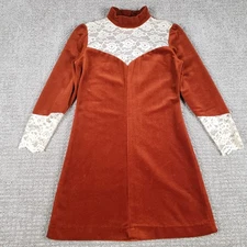 VINTAGE 60s Victorian Revival Burnt Orange Velvet Mini Dress Lace Sz 11 S 4/6