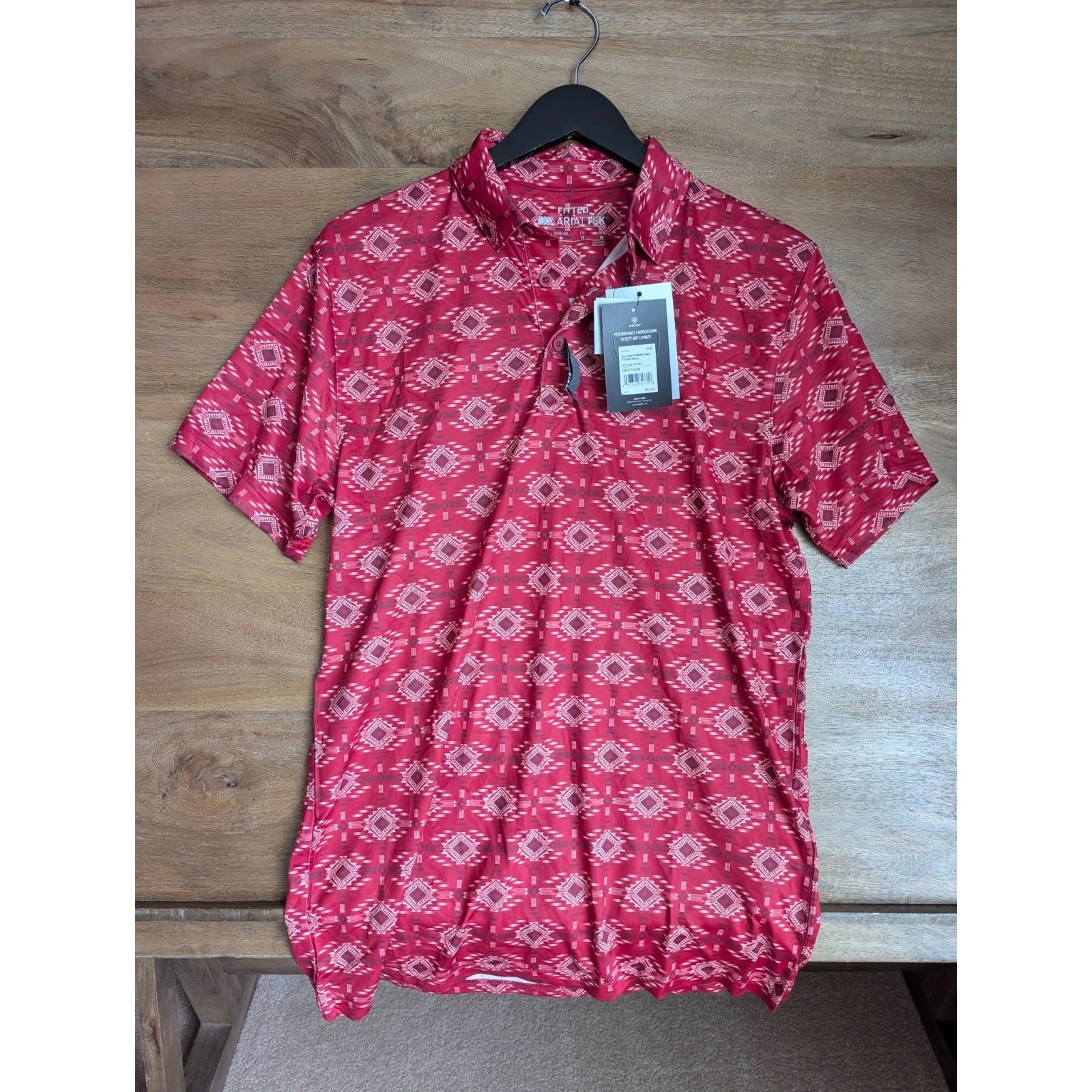 Ariat Polo Shirt Mens M Weldon Rio Red All Over Print Fitted Performance NWT