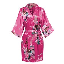 Womens Short Kimono Robes Bride and Bridesmaid Satin Floral Bathrobe Peacock ...