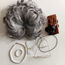 6Pcs Old Lady Fancy Dress Set Grandma Nan Grey Wig Granny Dressing Up Party New